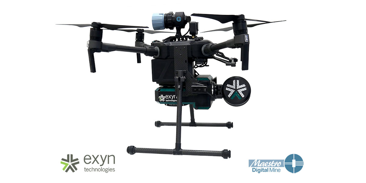 Image of a drone and at bottom Exyn logo at left and Maestro Digital Mine logo at right
