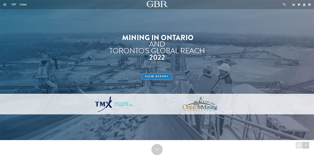 Website screen capture of the Mining in Ontario and Toronto's Global Reach 2022 report page
