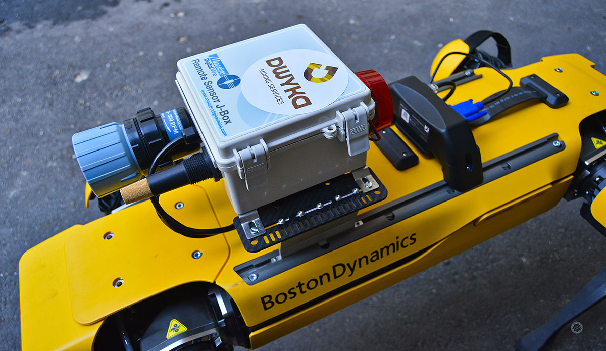 Image of Spot a robotic dog for underground mining with a Remote Sensore J-Box mounted on it